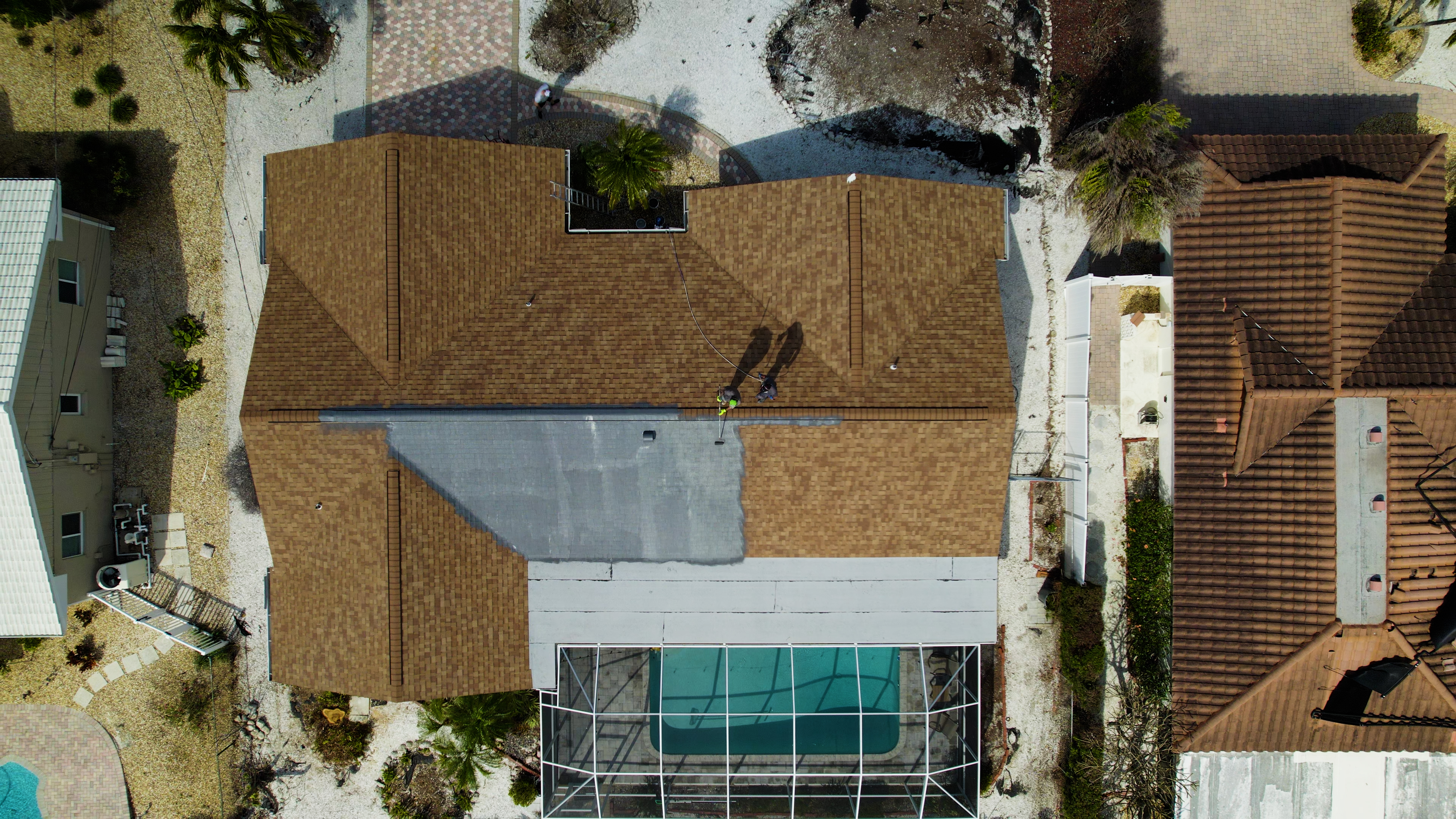 Aerial drone view of completed shingle rejuvenation on Florida home